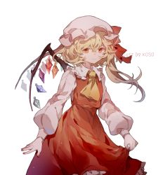 Rule 34 | 1girl, artist name, ascot, asymmetrical hair, blonde hair, closed mouth, collared shirt, commentary, cowboy shot, crystal, fingernails, flandre scarlet, frilled shirt collar, frilled skirt, frills, hair between eyes, hat, hat ribbon, highres, koiliblikas, long hair, long sleeves, looking at viewer, mob cap, nail polish, puffy sleeves, red eyes, red nails, red ribbon, red skirt, red vest, ribbon, shirt, side ponytail, simple background, skirt, skirt hold, skirt set, smile, solo, touhou, vest, white background, white hat, white shirt, wings, yellow ascot