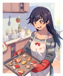 Rule 34 | + +, 1girl, apron, baking, baking sheet, blush, christmas, clothes pull, collarbone, cookie, cooking, dress, food, gingerbread cookie, gingerbread man, gloves, hair ornament, hairpin, happy, highres, indoors, kanbaru suruga, kitchen, ladle, long hair, long sleeves, mittens, monogatari (series), nifffi, off-shoulder dress, off-shoulder sweater, off shoulder, open mouth, orange eyes, oven mitts, purple hair, solo, strap, striped clothes, striped sweater, sweater, sweater dress, sweater pull, thick eyebrows, white apron