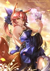 Rule 34 | 1girl, animal ear fluff, animal ears, back, bare shoulders, blue bow, blue kimono, bow, closed mouth, fate/extra, fate (series), fox ears, fox girl, fox tail, hair between eyes, hair bow, japanese clothes, kawaiiginka, kimono, long hair, long sleeves, looking at viewer, obi, pink hair, sash, sidelocks, sky, smile, solo, spell card, tail, tamamo (fate), tamamo no mae (fate/extra), tassel, twilight, twintails, wide sleeves, yellow eyes, yellow sky