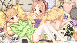 Rule 34 | 2girls, ahoge, animal ears, bed, black cat, blunt bangs, book, cat, cat-shaped pillow, cat ears, cat tail, cellphone, fake animal ears, heart, heart-shaped pillow, highres, long hair, luo xiaobai, luo xiaohei, luo xiaohei (cat), luo xiaohei zhanji, multiple girls, open mouth, panties, pantyshot, parted bangs, phone, pillow, shanxin (the legend of luoxiaohei), smartphone, smile, snack, striped clothes, striped panties, tail, thighhighs, underwear, white cat, white legwear, yarn, yarn ball