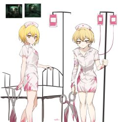 Rule 34 | 1boy, 1girl, absurdres, bandaged arm, bandages, bed, blonde hair, blood, blood on clothes, censored, centaur (project moon), closed mouth, don quixote (project moon), e.g.o (project moon), empty eyes, hat, highres, holding, holding scissors, hospital bed, hydra (project moon), limbus company, long sleeves, love mintchoco, nurse, nurse cap, nymph (project moon), pencil skirt, project moon, scissors, shirt, short hair, simple background, sinclair (project moon), skirt, white background, white shirt, white skirt, yellow eyes