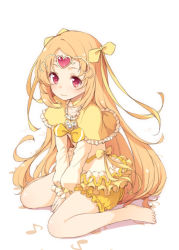 Rule 34 | 10s, 1girl, 3:, barefoot, bow, brooch, bubble skirt, choker, circlet, cure muse, cure muse (yellow), dress, frills, full body, hair bow, heart, jewelry, long hair, magical girl, musical note, orange hair, precure, quaver, red eyes, shirabe ako, sitting, skirt, solo, suite precure, tokunou shoutarou, v arms, wariza, white background, yellow bow, yellow dress, yellow skirt, yellow theme