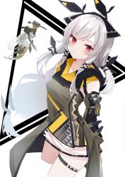 Rule 34 | 1girl, arknights, black hairband, brown dress, commentary request, cowboy shot, cropped legs, detached sleeves, dress, hairband, highres, leaf (arknights), long hair, long sleeves, low ponytail, red eyes, see-through, see-through skirt, silver hair, skirt, tail, teku x2, thigh strap, very long hair, weedy (arknights), white background