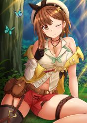 Rule 34 | 1girl, ;), atelier (series), atelier ryza, bare shoulders, beret, black gloves, black thighhighs, blush, braid, breasts, brown eyes, brown hair, bug, butterfly, cleavage, closed mouth, collared shirt, commentary, day, detached sleeves, dress shirt, forest, gloves, hair ornament, hand up, hat, head tilt, highres, insect, jacket, kazenokaze, key, large breasts, nature, navel, off shoulder, one eye closed, open clothes, open jacket, outdoors, partially fingerless gloves, red shorts, reisalin stout, revision, shirt, short shorts, shorts, single detached sleeve, single thighhigh, sitting, skindentation, sleeveless, sleeveless jacket, sleeveless shirt, smile, solo, thigh strap, thighhighs, tree, white hat, white shirt, white sleeves, yellow jacket