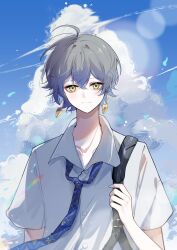 Rule 34 | 1boy, absurdres, anqing, bag, black bag, black necktie, blue sky, cloud, collared shirt, earrings, grey hair, highres, holding, holding bag, ike eveland, jewelry, lens flare, looking at viewer, loose necktie, male focus, necktie, nijisanji, nijisanji en, shirt, short hair, short sleeves, shoulder bag, sky, smile, solo, upper body, virtual youtuber, white shirt, yellow eyes