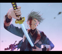 Rule 34 | 1girl, a-ka, arm up, black shirt, blood, blood on face, blue eyes, blurry, bright pupils, closed mouth, commentary request, creatures (company), cyllene (pokemon), frown, game freak, gradient background, grey hair, grey jacket, holding, holding sheath, holding sword, holding weapon, jacket, katana, letterboxed, looking at viewer, nintendo, pokemon, pokemon legends: arceus, sheath, shirt, short hair, solo, sword, weapon