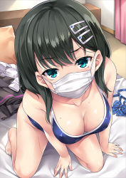 Rule 34 | 1girl, arm support, bed, black hair, black skirt, blue bow, blue bowtie, blue eyes, blue one-piece swimsuit, bow, bowtie, unworn bowtie, breasts, cleavage, collarbone, commentary request, curtains, full body, indoors, kneeling, leaning forward, long hair, looking at viewer, mask, medium breasts, mizuhara yuu, mouth mask, unworn neckwear, on bed, one-piece swimsuit, original, pillow, shirt, unworn shirt, skirt, unworn skirt, solo, surgical mask, sweat, swimsuit, white shirt