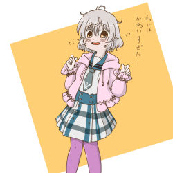 Rule 34 | 1girl, asebi (pieris japonica), blue necktie, blue sailor collar, blue skirt, blush, border, buttons, chuo academy school uniform, dot nose, drawstring, gingham skirt, grey hair, hands up, highres, hood, hoodie, long sleeves, looking at viewer, magia record: mahou shoujo madoka magica gaiden, mahou shoujo madoka magica, miniskirt, miwa mitsune, necktie, open mouth, orange background, orange eyes, pink hoodie, pleated skirt, purple tights, sailor collar, school uniform, serafuku, shirt, short hair, short necktie, skirt, solo, white border, white shirt
