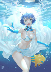 Rule 34 | &gt; &lt;, 1girl, :d, ahoge, air bubble, arm up, armpits, bare shoulders, bikini, blue eyes, blue gloves, blue hair, boar, breasts, bubble, character name, cleavage, copyright name, earrings, elbow gloves, feet out of frame, ge xi, gloves, highres, jewelry, looking at viewer, medium breasts, navel, open mouth, outstretched arm, sarong, short hair, signature, smile, solo, stomach, submerged, suntory, suntory nomu, swimsuit, underwater, virtual youtuber, water, white bikini