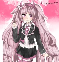 Rule 34 | 1girl, artist name, black jacket, blush, bow, child, closed mouth, collared shirt, copicuser101, danganronpa (series), danganronpa another episode: ultra despair girls, fake horns, frilled skirt, frills, hairband, hand up, headband, horned headwear, horns, jacket, long hair, long sleeved jacket, long sleeves, looking at viewer, matching hair/eyes, parted hair, pink eyes, pink hair, pink hairband, pink headband, pink headwear, pink horns, pink stripes, polka dot, polka dot bow, shirt, signature, simple background, skirt, smile, standing, striped clothes, striped thighhighs, thighhighs, twintails, utsugi kotoko, very long hair, white shirt, white stripes