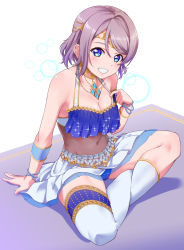 Rule 34 | 1girl, :d, arabian clothes, asymmetrical legwear, bare shoulders, blue eyes, blush, bracelet, breasts, circlet, cleavage, collarbone, covered navel, full body, grin, highres, indian style, jewelry, kanabun, kneehighs, looking at viewer, love live!, love live! sunshine!!, medium breasts, miniskirt, navel, necklace, open mouth, pearl bracelet, purple hair, see-through, single kneehigh, single sock, single thighhigh, sitting, skirt, smile, socks, solo, stomach, strap lift, swepot, teeth, thighhighs, uneven legwear, watanabe you, white skirt, white socks