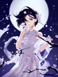 Rule 34 | 1girl, bare shoulders, black hair, bleach, blurry, blurry background, branch, breasts, commentary request, depth of field, dress, flower, full moon, hagoromo, hair over one eye, highres, holding, holding flower, kuchiki rukia, mofa shuimu jiang, moon, purple eyes, purple flower, shawl, sleeveless, sleeveless dress, small breasts, solo, white dress