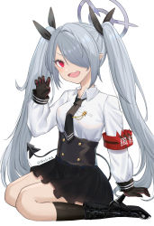 Rule 34 | 1girl, absurdres, black footwear, black gloves, black necktie, black skirt, blue archive, boots, demon tail, full body, gloves, grey hair, gurina, hair over one eye, hand up, highres, iori (blue archive), long hair, long sleeves, looking at viewer, necktie, open mouth, pointy ears, red eyes, shirt, simple background, sitting, skirt, socks, solo, tail, twintails, twitter username, very long hair, wariza, white background, white shirt