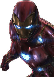 Rule 34 | 1boy, arc reactor, armor, avengers: endgame, avengers (series), bad id, bad pixiv id, bodysuit, glowing, glowing eyes, helmet, highres, iron man, light particles, looking at viewer, male focus, marvel, marvel cinematic universe, mecha, power armor, power suit, robot, science fiction, simple background, solo, superhero costume, tony stark, upper body, weapon, white background, zombie mogura