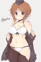 Rule 34 | 1girl, :o, bad id, bad twitter id, black hat, black jacket, black skirt, blush, bow, bow bra, bow panties, bra, breasts, brown eyes, brown hair, cleavage, clothes pull, commentary, cowboy shot, garrison cap, getsumen suibaku ver. a(c), girls und panzer, gluteal fold, grey background, groin, hat, highres, insignia, jacket, jacket pull, kuromorimine military uniform, lace, lace-trimmed bra, lace trim, light blush, long sleeves, looking at viewer, medium breasts, military, military hat, military uniform, miniskirt, navel, nishizumi miho, off shoulder, one-hour drawing challenge, open clothes, open skirt, panties, parted lips, pleated skirt, short hair, simple background, skirt, skirt pull, solo, standing, sweat, thigh gap, twitter username, underwear, undressing, uniform