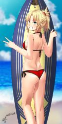 Rule 34 | 1girl, 2017, artist name, ass, beach, bikini, blonde hair, blue eyes, blue sky, blurry, braid, breasts, cloud, cloudy sky, dated, day, depth of field, fate/apocrypha, fate/grand order, fate (series), from behind, grin, halterneck, highres, looking at viewer, medium breasts, mordred (fate), mordred (fate) (all), mordred (fate/apocrypha), mordred (swimsuit rider) (fate), mordred (swimsuit rider) (first ascension) (fate), mugipot, ocean, outdoors, parted bangs, parted lips, ponytail, red bikini, side-tie bikini bottom, sideboob, sidelocks, signature, sky, smile, solo, standing, string bikini, surfboard, swimsuit, teeth, v