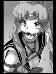 Rule 34 | 1girl, @ @, absurdres, bdsm, bishoujo senshi sailor moon, bishoujo senshi sailor moon s, bondage, bound, breasts, chen zi, choker, circlet, cleavage, collarbone, commentary request, derivative work, drooling, earrings, gag, greyscale, heart, highres, jewelry, medium breasts, meme, monochrome, open mouth, ring gag, sailor moon, sailor moon redraw challenge (meme), screenshot redraw, shibari, sleeveless, solo, teeth, tongue, tongue out, twintails, upper body