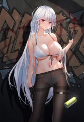 Rule 34 | 1girl, bare arms, bikini, bikini under clothes, black gloves, blue eyes, breasts, bright pupils, cleavage, closed mouth, closers, collarbone, front-tie bikini top, front-tie top, gloves, half gloves, hand up, highres, large breasts, long hair, looking at viewer, mirae (closers), navel, pantyhose, red eyes, see-through, solo, spray can, standing, stomach, string bikini, swd3e2, sweat, swimsuit, thigh strap, thighband pantyhose, very long hair, white bikini, white hair
