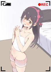 Rule 34 | 1girl, bed, black hair, blush, bow, brown eyes, camisole, collarbone, fingers together, groin, hair between eyes, hair bow, hairband, hibiki ao, indoors, long hair, looking at viewer, midriff, navel, nose blush, piano-alice, pink bow, pink hairband, recording, shorts, sketch, solo, standing, thighhighs, virtual youtuber