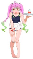 Rule 34 | 1girl, absurdres, ahoge, apron, bad id, bad twitter id, bandaid, bandaid on knee, bandaid on leg, bangle, barefoot, black one-piece swimsuit, blush, bottle, bracelet, breasts, commentary, fang, green hair, highres, holding, holding tray, jewelry, kantai collection, long hair, looking at viewer, maid headdress, momo (kancolle), multicolored hair, ojipon, one-piece swimsuit, open mouth, pink hair, red eyes, simple background, skin fang, small breasts, solo, standing, swimsuit, symbol-only commentary, tray, very long hair, waist apron, white apron, white background