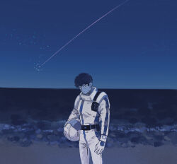Rule 34 | 0ml, 1boy, absurdres, amuro ray, beach, blue theme, blurry, char&#039;s counterattack, closed mouth, curly hair, expressionless, gundam, unworn headwear, helmet, unworn helmet, highres, holding, holding helmet, looking at viewer, male focus, night, night sky, ocean, outdoors, sand, shooting star, short hair, sky, solo, spacesuit, standing, star (sky), starry sky
