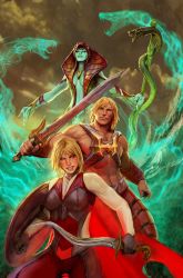 Rule 34 | 1boy, 2girls, blonde hair, he-man, highres, holding, holding weapon, masters of the universe, multiple girls, shield, snake, staff, standing, stjepan sejic, sword, weapon