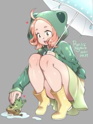 Rule 34 | 1girl, 2021, agawa ryou, animal hood, boots, dated, frog, frog hood, green eyes, grey background, hood, long hair, looking down, original, red hair, simple background, solo, squatting, thighs, umbrella