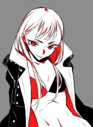 Rule 34 | 1girl, black jacket, bra, breasts, cleavage, hair behind ear, jacket, lipstick, long hair, long sleeves, looking at viewer, makeup, midriff, navel, no shirt, open clothes, open jacket, original, simple background, small breasts, smile, solo, stomach, topless male, underwear, yuuichi katou
