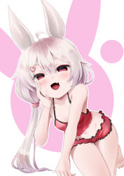 Rule 34 | 1girl, animal ears, barefoot, blush, breasts, rabbit ears, camisole, cleavage, commentary request, fang, hair ornament, hairclip, hand to own mouth, highres, long hair, low twintails, midriff, navel, necomaru (catcircle), open mouth, pink hair, red camisole, red eyes, red shorts, short shorts, shorts, small breasts, solo, thighs, tomari mari, tomari mari channel, twintails, underwear, underwear only, very long hair, virtual youtuber