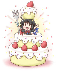 Rule 34 | 1girl, aonagi ibane, asymmetrical wings, black hair, cake, chibi, drooling, fang, female focus, food, fork, fruit, highres, houjuu nue, in food, mini person, minigirl, open mouth, solo, strawberry, touhou, wings, | |