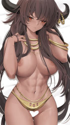 Rule 34 | 1girl, abs, bed sheet, breasts, brown hair, censored, commentary, cowboy shot, dakimakura (medium), dark-skinned female, dark skin, english commentary, eyes visible through hair, frown, gluteal fold, hair over breasts, heart, heart censor, highres, horn ornament, horns, jewelry, large breasts, long hair, looking away, lying, muscular, muscular female, navel, nipples, nude, on back, original, red eyes, solo, tail, tony guisado, very long hair