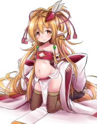 Rule 34 | 10s, 1girl, absurdres, animal ears, bandeau, bare shoulders, beads, bird, black thighhighs, blonde hair, blush, breasts, brown eyes, brown thighhighs, chick, collarbone, crop top, detached sleeves, earrings, feather hair ornament, feathers, granblue fantasy, hair beads, hair between eyes, hair ornament, highres, jewelry, kneeling, kokutou nikke, loincloth, long hair, looking at viewer, mahira (granblue fantasy), midriff, navel, no shoes, parted lips, petite, simple background, sleeves past wrists, small breasts, solo, stomach, thighhighs, thighs, white background