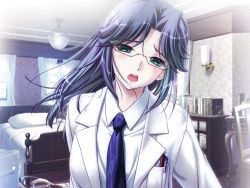Rule 34 | 1girl, ayatsuji ryou, bed, blue hair, blush, chair, curtains, doctor, embarrassed, game cg, glasses, green eyes, hell guide, indoors, lab coat, long hair, m no violet, necktie, open mouth, pen, pillow, reverse trap, santa matsuri, solo, window