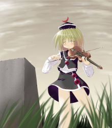 Rule 34 | 1girl, black hat, black skirt, black vest, blonde hair, blurry, blush, closed eyes, cloud, cloudy sky, crescent, crying, depth of field, female focus, frilled hat, frilled shirt collar, frills, from below, grass, grey sky, hair between eyes, hat, holding, holding instrument, holding violin, instrument, long sleeves, lunasa prismriver, music, nature, outdoors, parted lips, plant, playing instrument, shirt, short hair, skirt, sky, solo, standing, tears, tombstone, touhou, vest, violin, white shirt