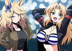 Rule 34 | 2girls, :d, animal ears, arms behind head, arms up, black choker, black jacket, black shirt, blonde hair, blue eyes, blue shirt, breasts, brown jacket, choker, cleavage, closed mouth, cosplay, costume switch, crop top, girls und panzer, gold city (umamusume), hand in own hair, hand on own hip, highres, horse ears, horse girl, jacket, kamishima kanon, kay (girls und panzer), large breasts, long hair, long sleeves, looking at viewer, midriff, military, military uniform, multiple girls, navel, open clothes, open jacket, open mouth, saunders military uniform, shirt, side-by-side, smile, standing, striped clothes, striped shirt, umamusume, uniform