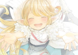 Rule 34 | 1girl, :d, ^ ^, blonde hair, blush, charlotta (granblue fantasy), closed eyes, commentary request, closed eyes, facing viewer, frills, granblue fantasy, happy, harvin, incoming hug, long hair, open mouth, outstretched arms, pointy ears, sheath, smile, solo, walkalone