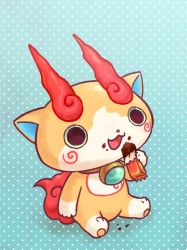Rule 34 | 10s, candy, candy bar, cat, chill ykon, chocoboo, eating, fiery tail, food, food on face, full body, gradient background, jibakoma, no humans, open mouth, polka dot, polka dot background, sitting, solo, tail, traditional youkai, youkai watch, youkai watch 2