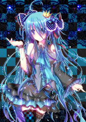 Rule 34 | 1girl, ahoge, aqua eyes, aqua hair, bad id, bad pixiv id, bow, checkered background, crown, detached sleeves, frilled thighhighs, frills, garter straps, hair between eyes, hair bow, hatsune miku, homare, homarerererere, long bangs, long hair, necktie, skirt, solo, thighhighs, twintails, very long hair, vocaloid