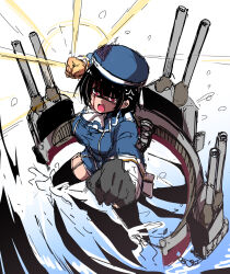 Rule 34 | 1girl, adapted turret, artist request, ascot, beret, black gloves, black hair, black thighhighs, bleeding, blood, blue hat, blush, breasts, cannon, clenched hands, firing, garter straps, gloves, glowing, glowing hand, godzilla (series), godzilla minus one, hat, highres, injury, kantai collection, large breasts, machinery, military, military uniform, miniskirt, muzzle flash, open mouth, red eyes, rigging, serious, short hair, skirt, smokestack, solo, takao (kancolle), thighhighs, turret, uniform, water, weapon, wide hips