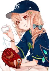 Rule 34 | 1girl, alternate costume, bad id, bad twitter id, ball, baseball, baseball cap, baseball glove, blonde hair, blouse, blue hat, blue shirt, bow, contemporary, crystal, diamond-shaped pupils, diamond (shape), flandre scarlet, gotou (nekocat), hair bow, hair ornament, hairclip, hand up, hat, head tilt, holding, holding ball, looking at viewer, medium hair, nippon professional baseball, pants, pointy ears, red eyes, shirt, short sleeves, simple background, sitting, smile, solo, striped, striped bow, symbol-shaped pupils, tokyo yakult swallows, touhou, white background, white pants, wings