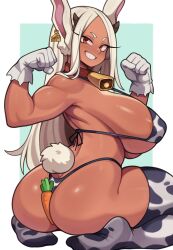 1girl absurdres animal_ears animal_print areola_slip ass bell between_buttocks bikini boku_no_hero_academia border breasts carrot character_name clenched_hands clothing_cutout collar commentary covered_erect_nipples cow_horns cow_print cow_print_bikini cow_print_thighhighs cowbell dark-skinned_female dark_skin ear_tag english_commentary fake_horns flexing from_behind gloves grin highres horns huge_breasts long_eyelashes long_hair looking_at_viewer median_furrow melonpuff mirko neck_bell parted_bangs print_bikini print_thighhighs rabbit_ears rabbit_girl rabbit_tail red_collar red_eyes sitting smile solo swimsuit tail tail_through_clothes thick_thighs thighhighs thighs toned toned_female twisted_torso very_long_hair white_border white_gloves white_hair