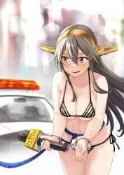 Rule 34 | 1girl, alternate costume, bikini, blush, breasts, car, cleavage, commission, cuffs, grey hair, hair between eyes, hair ornament, hairclip, handcuffs, haruna (kancolle), headgear, highres, holding, holding microphone, kantai collection, large breasts, long hair, microphone, motion lines, motor vehicle, orange eyes, parted lips, police car, rope, side-tie bikini bottom, sidelocks, skeb commission, solo, swimsuit, tears, very long hair, watanore