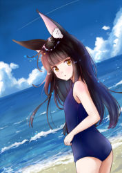 Rule 34 | 1girl, alternate costume, animal ears, azur lane, beach, black hair, blue one-piece swimsuit, blue sky, blunt bangs, blurry, breasts, cloud, cloudy sky, commentary request, contemporary, depth of field, fox ears, from behind, horizon, long hair, looking at viewer, looking back, m ko (maxft2), nagato (azur lane), ocean, old school swimsuit, one-piece swimsuit, parted lips, school swimsuit, sidelocks, sky, small breasts, solo, swimsuit, twisted torso, yellow eyes