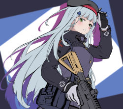 Rule 34 | 1girl, 3 small spiders, :o, assault rifle, beret, black hat, blue hair, blush, breasts, crossed bangs, from above, girls&#039; frontline, gloves, green eyes, gun, h&amp;k hk416, hand on headwear, hat, highres, hk416 (girls&#039; frontline), holding, holding gun, holding weapon, long hair, looking at viewer, medium breasts, open mouth, rifle, simple background, solo, tactical clothes, teardrop facial mark, teardrop tattoo, uniform, upper body, weapon, white gloves