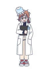 Rule 34 | 1girl, animal, animal on head, blush, brown eyes, brown hair, commentary request, eoduun badaui deungbul-i doeeo, full body, glass, glasses, hand in pocket, holding, holding tablet pc, jellyfish, korean commentary, lab coat, long sleeves, looking at viewer, medium hair, moonmunsea, on head, pants, ponytail, red footwear, shoes, simple background, smile, solo, standing, tablet pc, tongue, tongue out, white background, yu geum-i