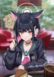 Rule 34 | 1girl, animal ears, black choker, black hair, black jacket, blue archive, blunt bangs, blurry, cafe, cat ears, cat girl, chaciooh, chair, choker, collarbone, colored inner hair, commentary request, depth of field, extra ears, fork, hair ornament, hairclip, halo, highres, holding, holding fork, hood, hooded jacket, indoors, jacket, kazusa (blue archive), long sleeves, looking at viewer, multicolored hair, open clothes, open jacket, pendant choker, photo background, plate, red eyes, school uniform, serafuku, short hair, shortcake, sidelocks, solo, table, two-tone hair
