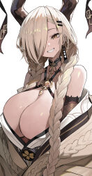 Rule 34 | 1-5iro, 1girl, absurdres, armpits, azur lane, bare shoulders, black gloves, blonde hair, blush, braid, breasts, cleavage, collarbone, commentary request, dark-skinned female, dark skin, detached sleeves, gloves, grin, hair over one eye, highres, huge breasts, large breasts, large horns, long bangs, long hair, looking at viewer, low twin braids, mole, mole under mouth, obi, owari (azur lane), sash, simple background, smile, solo, strapless kimono, twin braids, upper body, very long hair, white background, yellow eyes