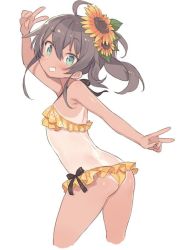 Rule 34 | 1girl, ahoge, arm up, ass, bikini, blade (galaxist), blue eyes, blush, brown hair, commentary request, flat chest, flower, grin, hair between eyes, hair flower, hair ornament, hololive, looking at viewer, natsuiro matsuri, natsuiro matsuri (hololive summer 2019), official alternate costume, one-piece tan, side ponytail, simple background, smile, solo, swimsuit, tan, tanline, v, virtual youtuber, white background