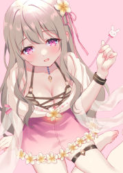Rule 34 | 1girl, :d, barefoot, breasts, chitosezaka suzu, cleavage, collarbone, commentary request, commission, feet out of frame, flower, grey hair, hair flower, hair ornament, hair ribbon, hand up, holding, long hair, medium breasts, mimikaki, open mouth, original, pink background, pink eyes, pink ribbon, pink skirt, ribbon, see-through, shirt, sitting, skeb commission, skirt, smile, solo, very long hair, virtual youtuber, white flower, white shirt, yokozuwari