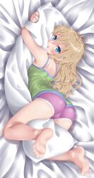 Rule 34 | 1girl, barefoot, bed sheet, blonde hair, blue eyes, blush, camisole, dd (ijigendd), highres, hugging object, looking at viewer, lying, on bed, on stomach, open mouth, original, pillow, pillow hug, solo
